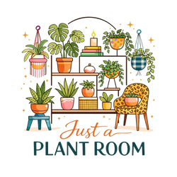Illustration of a plant room with shelves, plants, and a chair.
